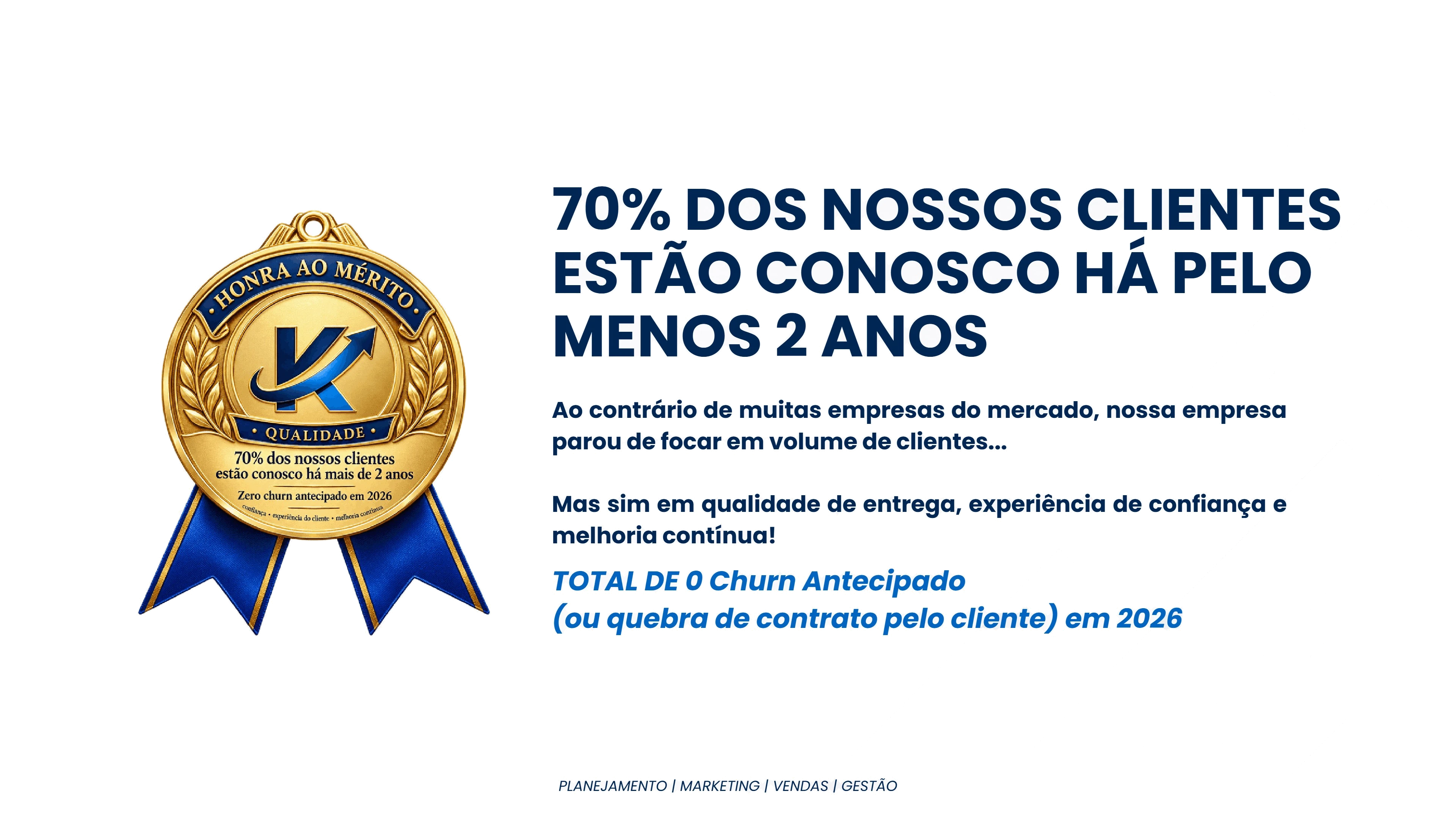 Selo dourado Honra ao Mérito ao lado do texto sobre 70% dos clientes estarem há pelo menos 2 anos e zero churn antecipado em 2026