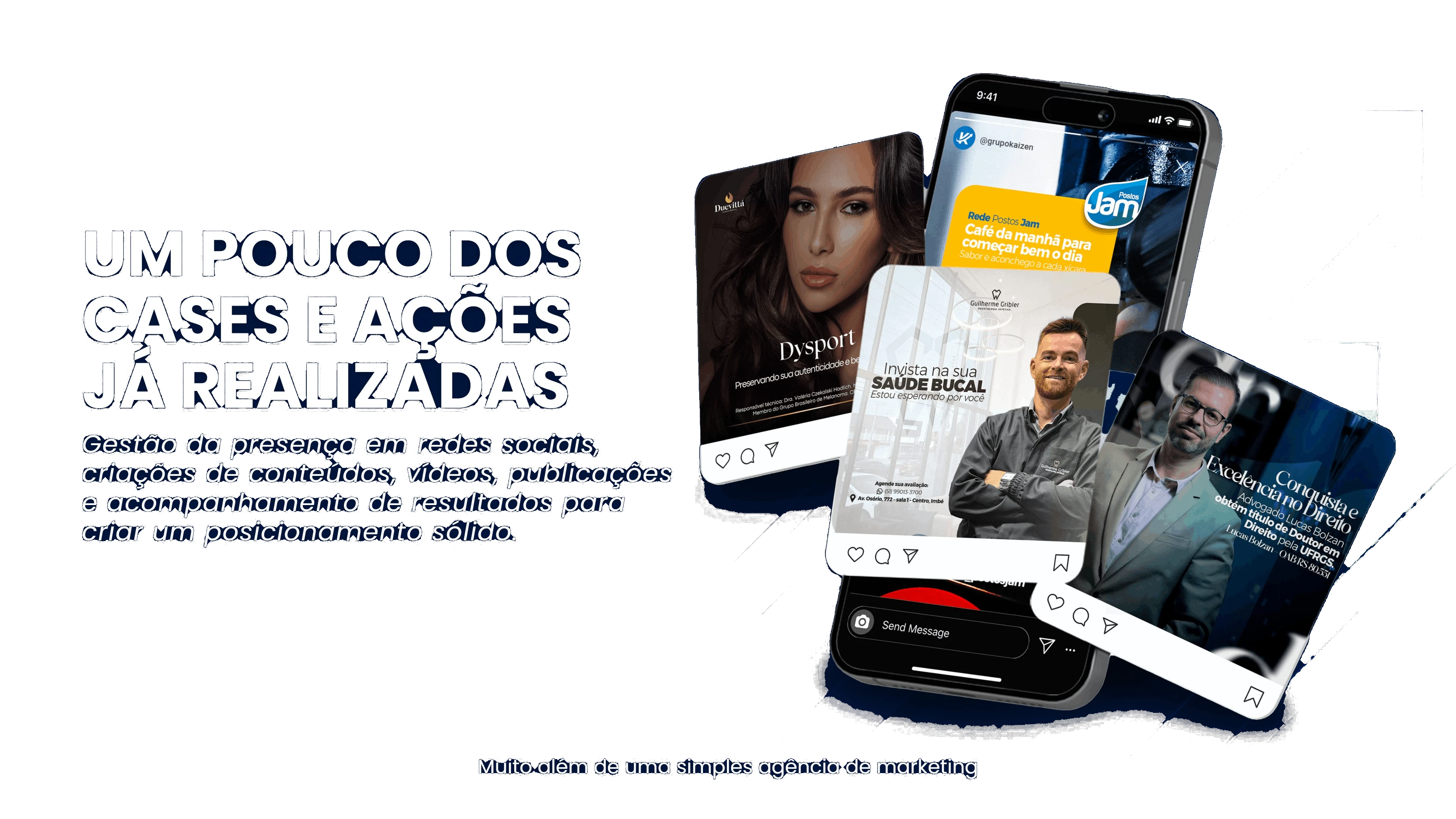 Celulares com publicações de clientes ao lado do título “Um pouco dos cases e ações já realizadas”