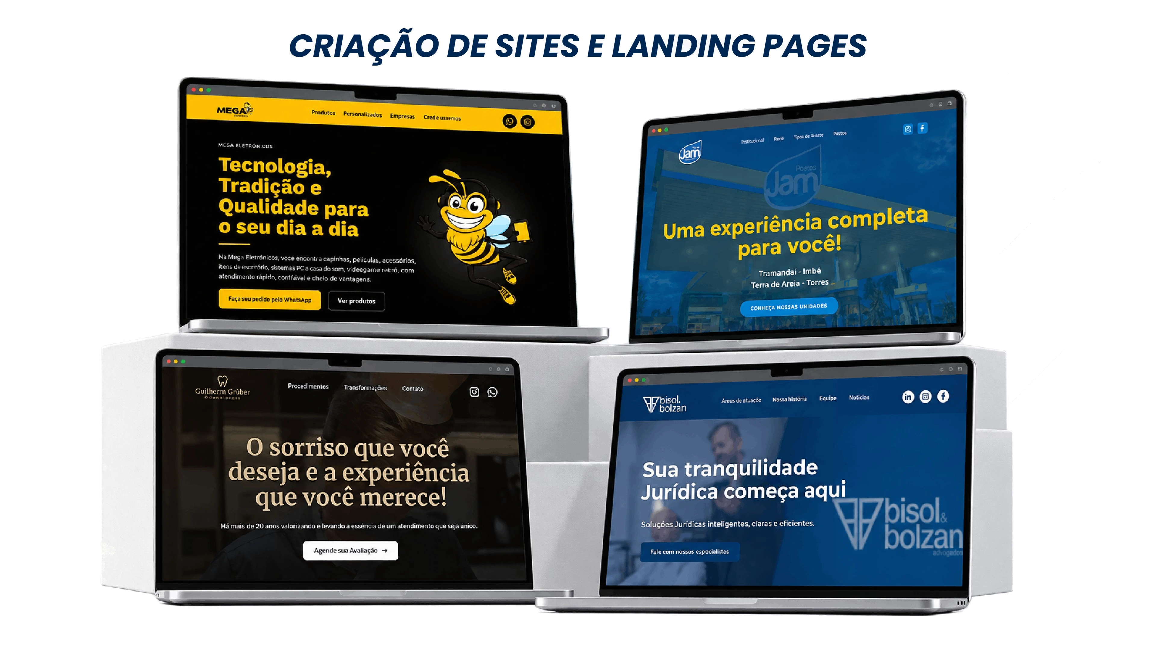 Notebooks exibindo sites e landing pages criados pelo Grupo-K