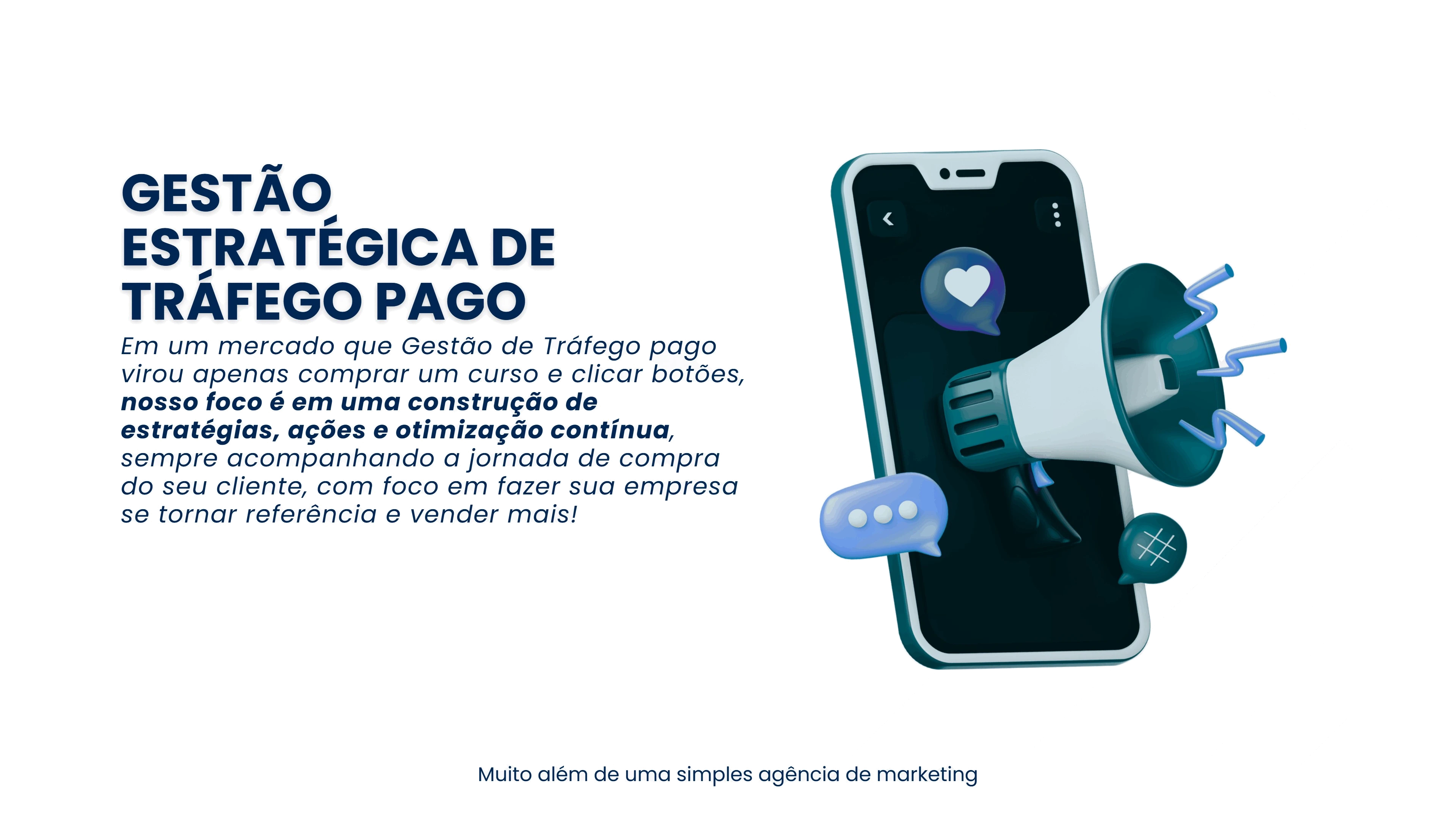 Texto sobre gestão estratégica de tráfego pago ao lado de ilustração de celular com megafone