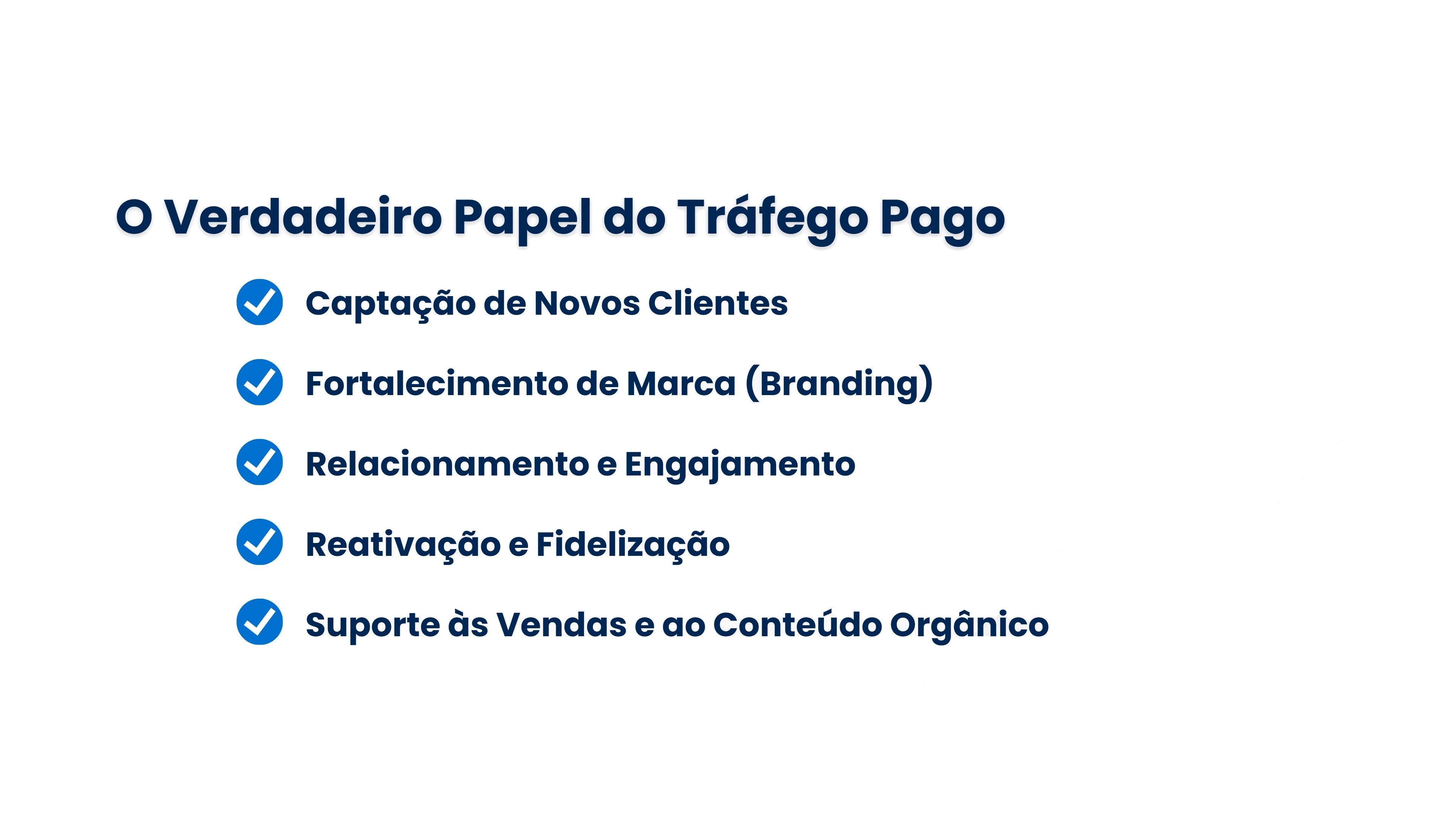 Lista: captação de novos clientes, fortalecimento de marca, relacionamento e engajamento, reativação e fidelização, suporte às vendas e ao conteúdo orgânico